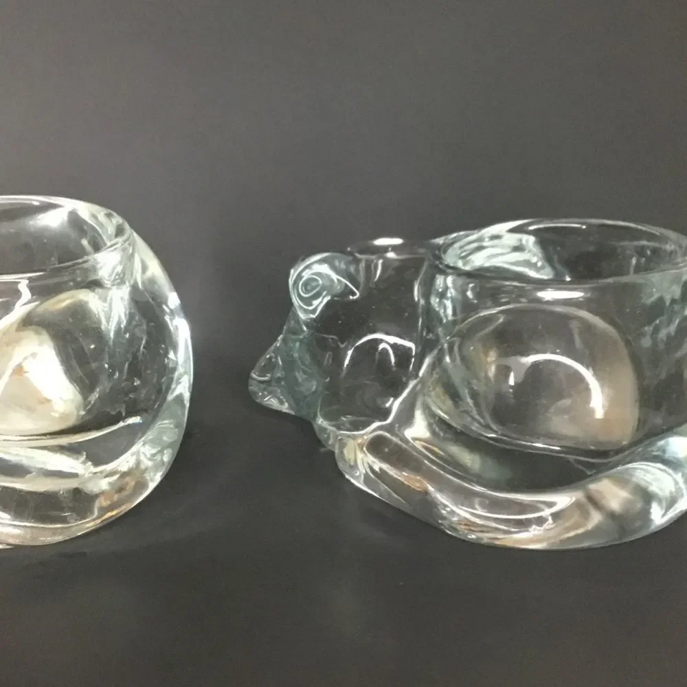 VTG‎ Indiana Glass 2 Crystal Votive Candle Holder Sleeping Cat Figurine